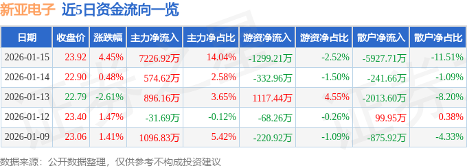 新亞電子（605277）1月15日主力資金淨買入7226.92萬元